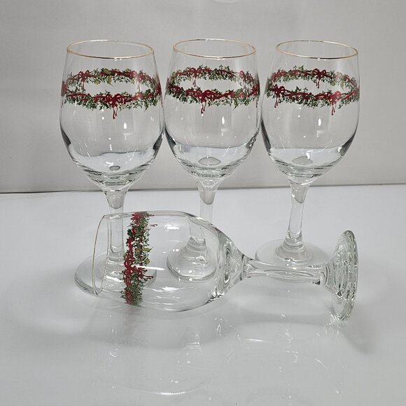4 Libbey Ribbon Holly Goblets 7.5" water wine gold rim festive holiday Christmas - Picture 10 of 14